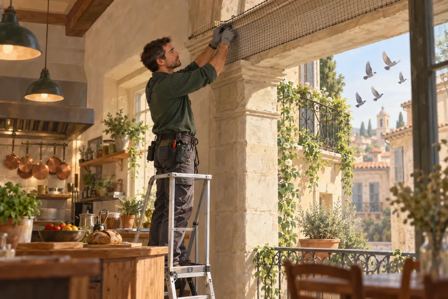 Un technicien installe un filet anti-perchoir discret sur une corniche et un balcon, dans un commerce de proximité.