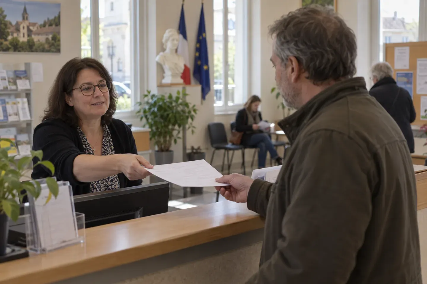 Un agent municipal remet un formulaire de déclaration à un habitant au guichet d'une mairie