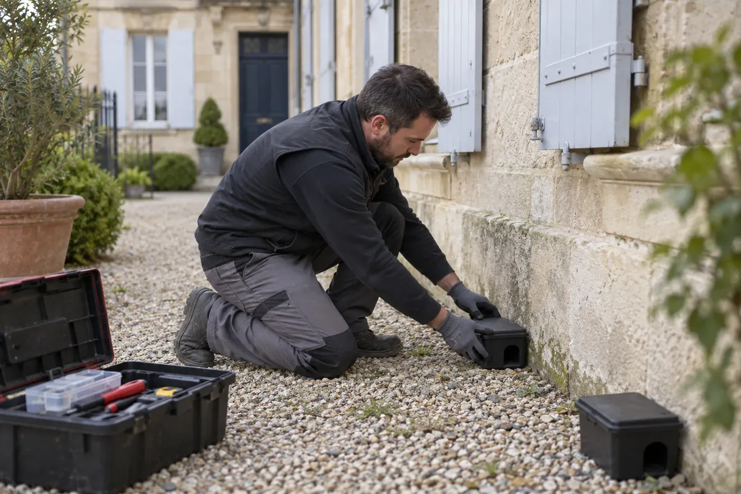 Un technicien installe des postes d'appâtage le long du mur extérieur d'une maison en pierre