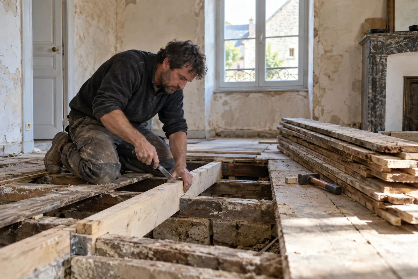 Un charpentier remplace une solive dans un plancher ouvert, lames de bois empilées