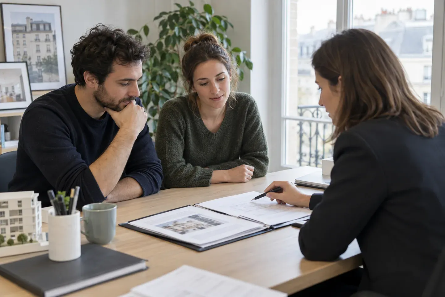 Un couple consulte un dossier avec un conseiller dans un bureau clair