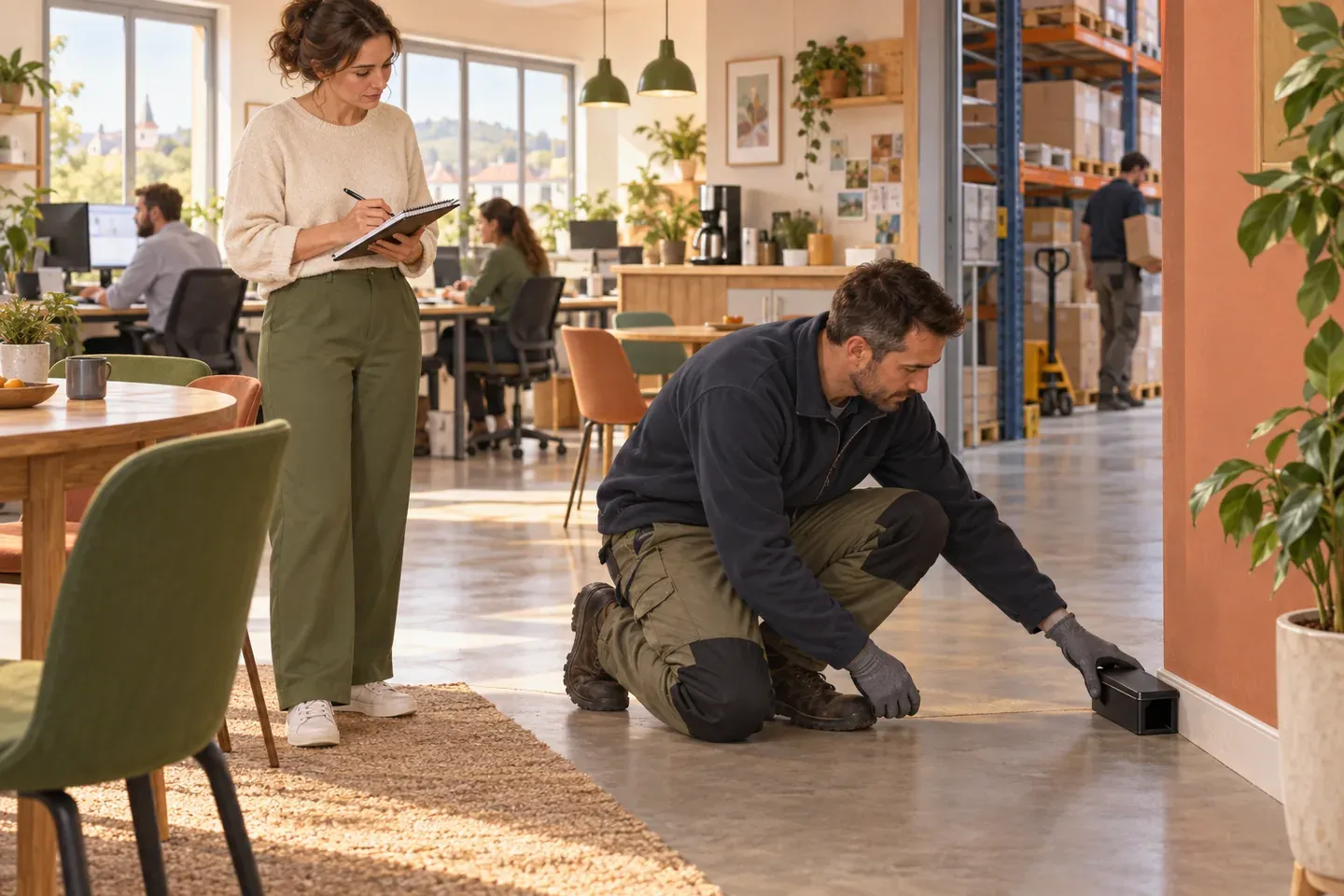 Un technicien pose un poste d'appâtage sécurisé le long d'une plinthe pendant que l'occupant prend des notes, dans les locaux d'une entreprise.