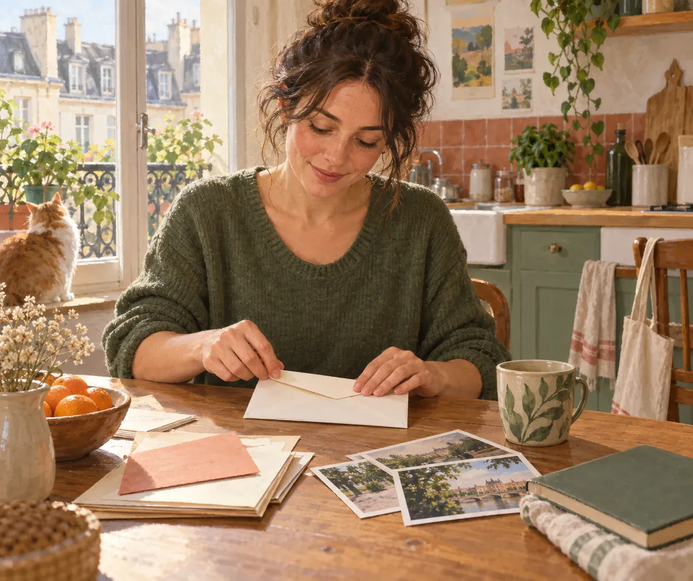 Un locataire cachette une enveloppe à la table de cuisine, notes datées et photographies à côté
