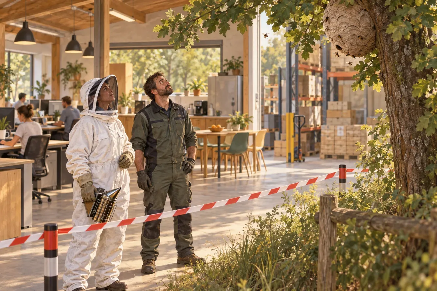 Un apiculteur protégé et un technicien observent un nid volumineux en haut d'un arbre, périmètre de sécurité en place, dans les locaux d'une entreprise.