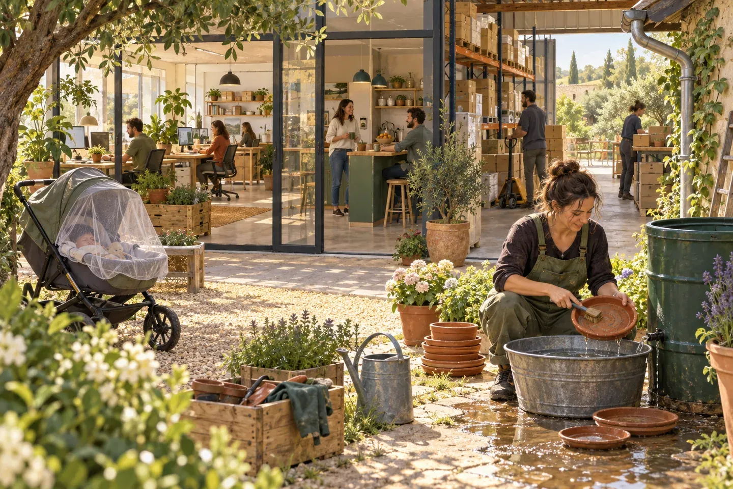 Une personne vide et brosse les soucoupes de pots et la gouttière d'un jardin ensoleillé, moustiquaire posée sur un landau, dans les locaux d'une entreprise.