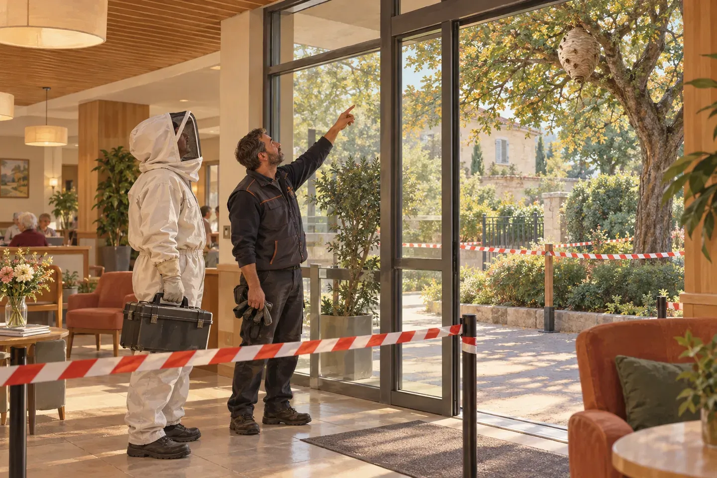 Un apiculteur protégé et un technicien observent un nid volumineux en haut d'un arbre, périmètre de sécurité en place, dans un établissement recevant du public.