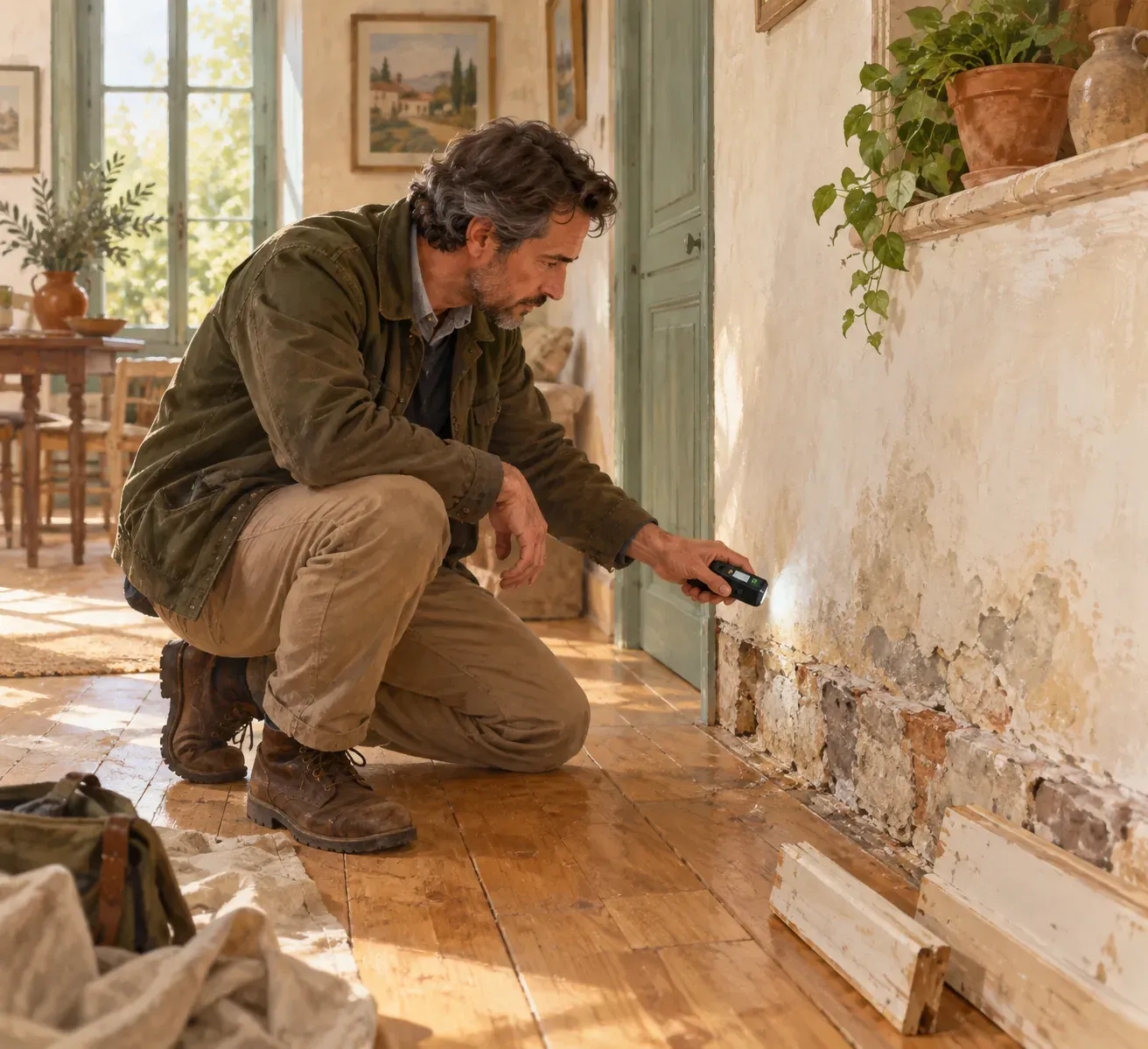 Un expert bâtiment examine un mur humide derrière une plinthe déposée dans une maison ancienne