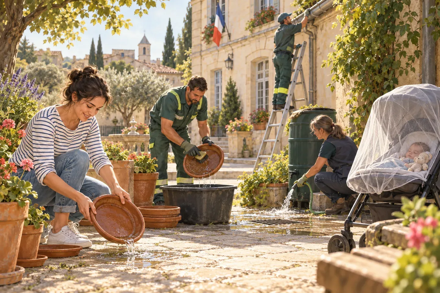 Une personne vide et brosse les soucoupes de pots et la gouttière d'un jardin ensoleillé, moustiquaire posée sur un landau, aux abords d'une mairie.