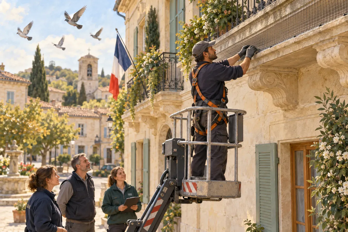 Un technicien installe un filet anti-perchoir discret sur une corniche et un balcon, aux abords d'une mairie.