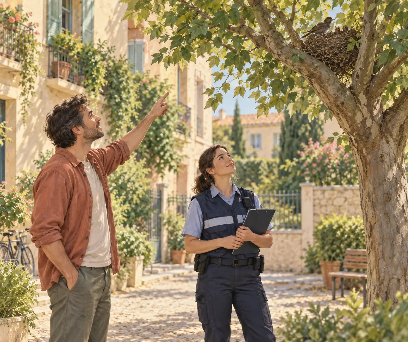 Un habitant désigne à un agent municipal un nid haut perché dans un arbre, tous deux à distance