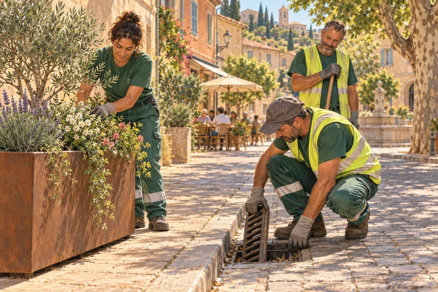 Des agents municipaux contrôlent un avaloir de rue et une jardinière un matin d'été