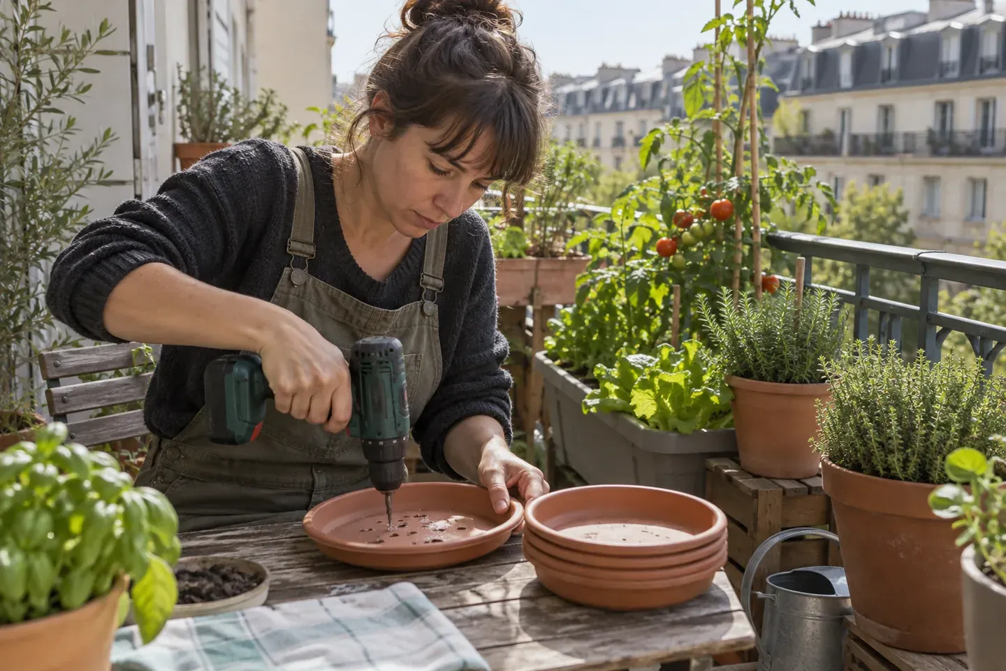 Un jardinier perce des trous d'évacuation dans des soucoupes sur un balcon potager