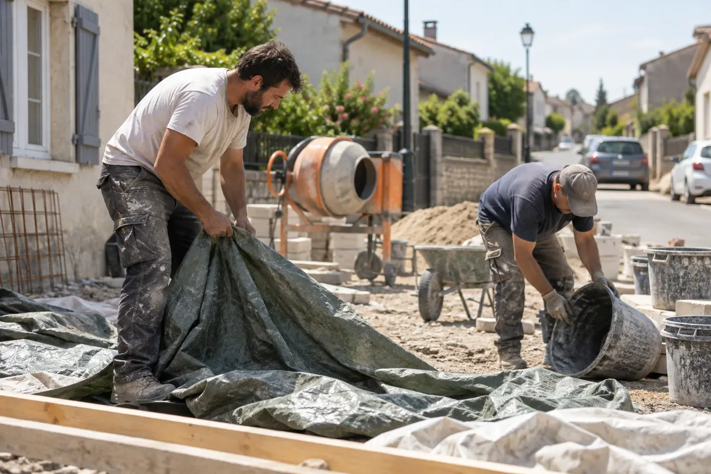 Des ouvriers replient les bâches et retournent les bidons vides sur un petit chantier