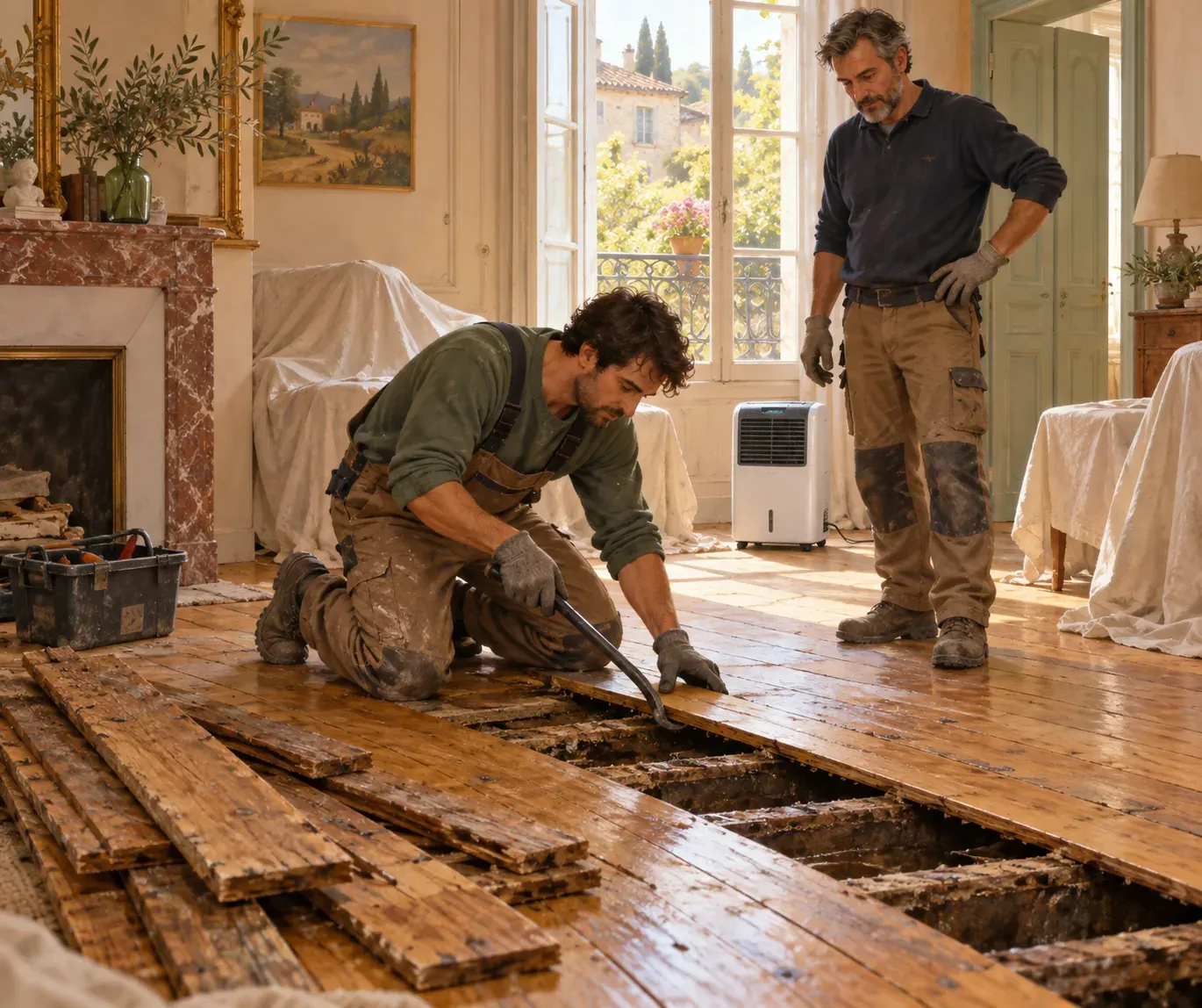 Des charpentiers déposent un plancher humide dans une maison ancienne, un déshumidificateur en marche