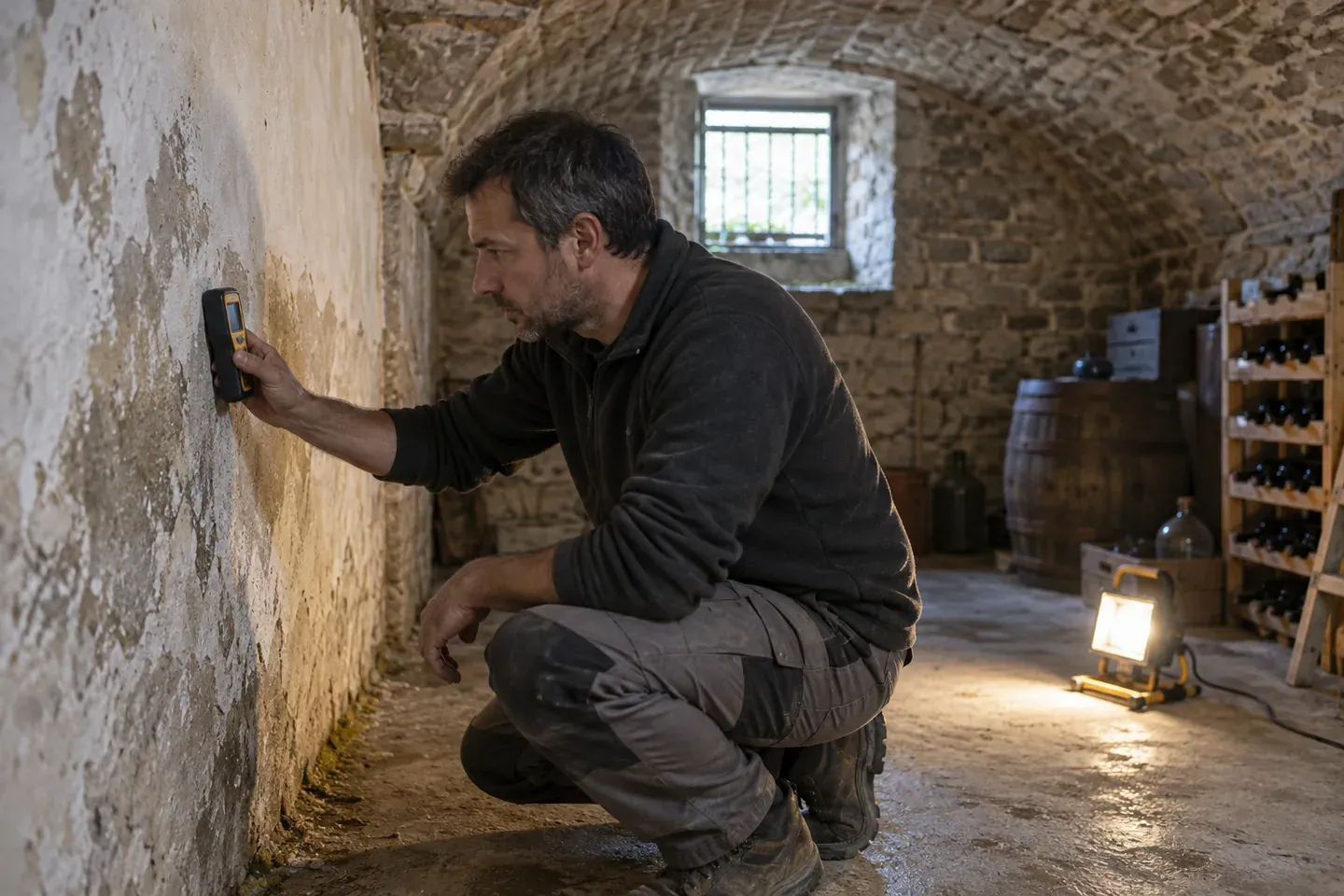 Un expert relève l'humidité d'un mur à l'humidimètre dans une cave voûtée