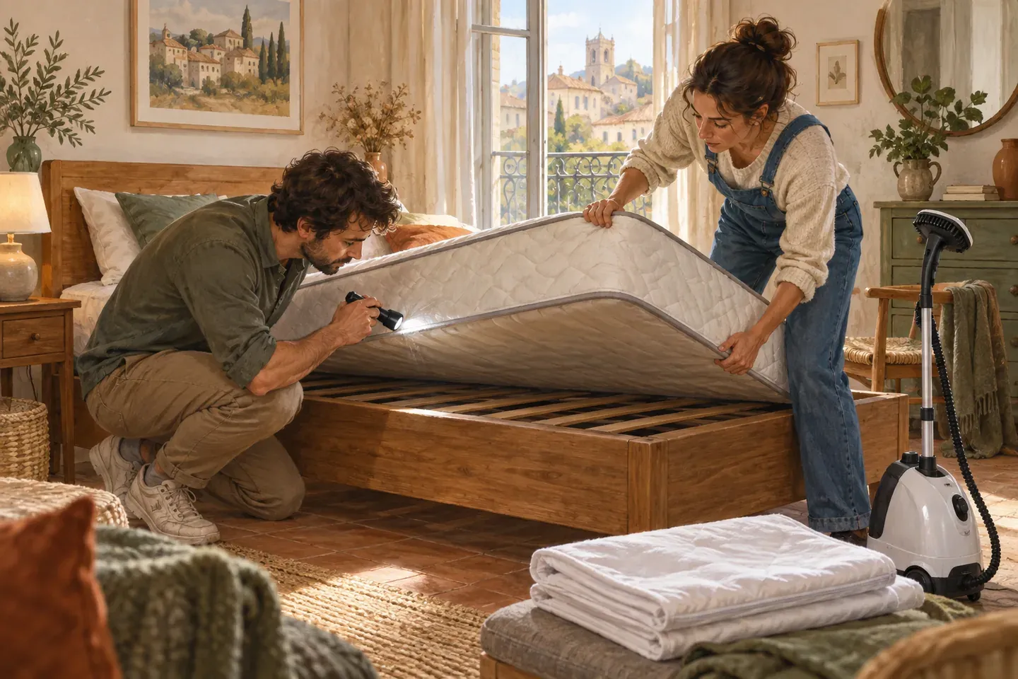 Deux personnes soulèvent un matelas et inspectent les coutures à la lampe torche, housses de protection et appareil vapeur prêts, dans une location touristique.