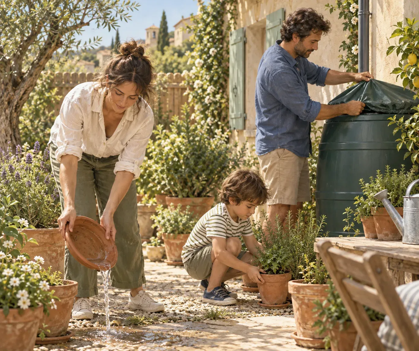 Une famille vide les soucoupes de pots et couvre un récupérateur d'eau dans un petit jardin ensoleillé