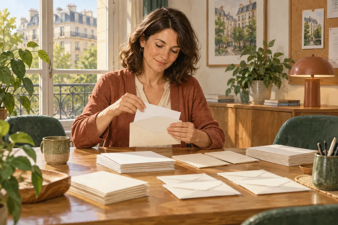 Un gestionnaire prépare des lettres individuelles sous enveloppes sur une table de réunion