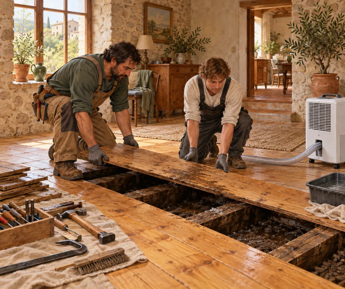 Des charpentiers soulèvent un plancher humide dans une maison en pierre, déshumidificateur en marche