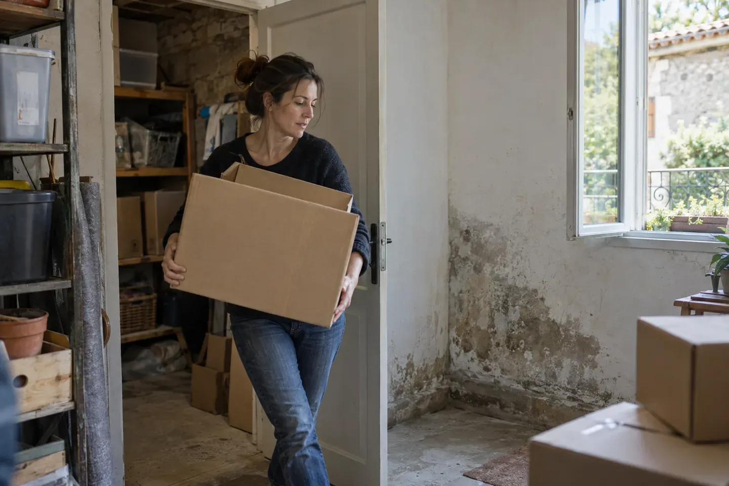 Un propriétaire sort des cartons d'un cellier humide pour l'aérer